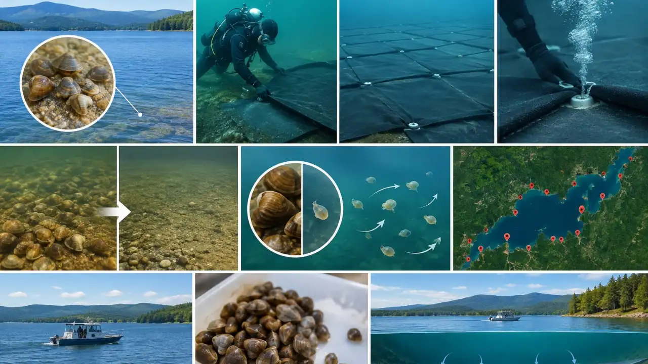 New York covered 5 acres of Lake George with 700 mats; 97% clams died, but later spread to 27 sites